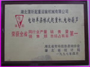 1997年全省起重機(jī)械設(shè)備銷量第一榮譽(yù)。